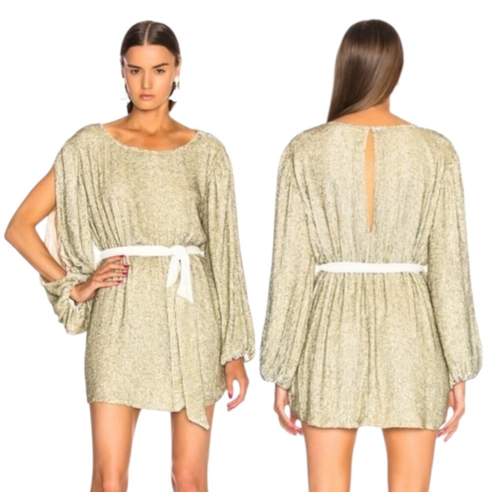 Retrofête Selma Champage Sequin Split Sleeve Keyhole Belted Robe Mini Dress